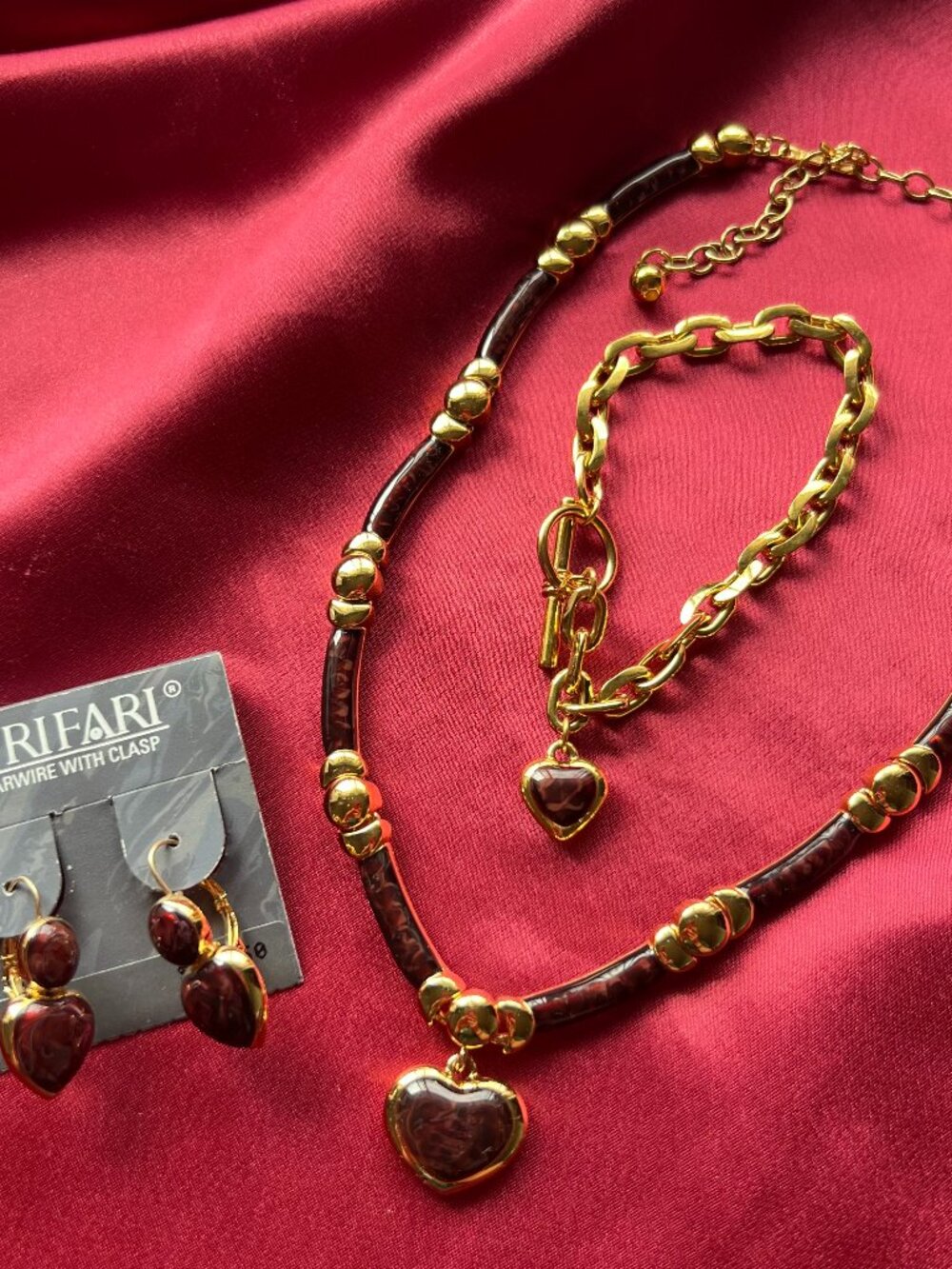 Trifari 80s Gold Tone and Brown Enamel Heart 3 Piece Set
